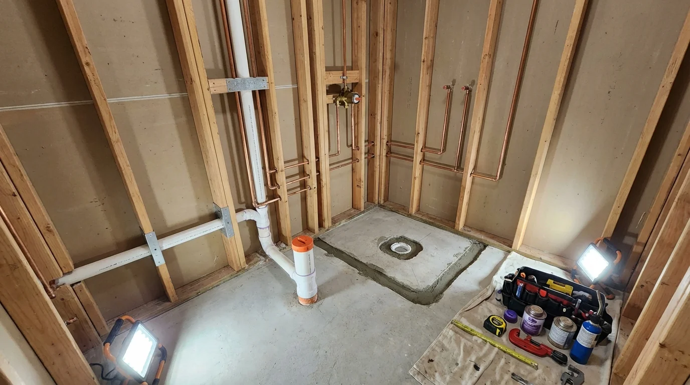 Bathroom rough-in plumbing during remodel by Johns Plumbing LLC in Millersville