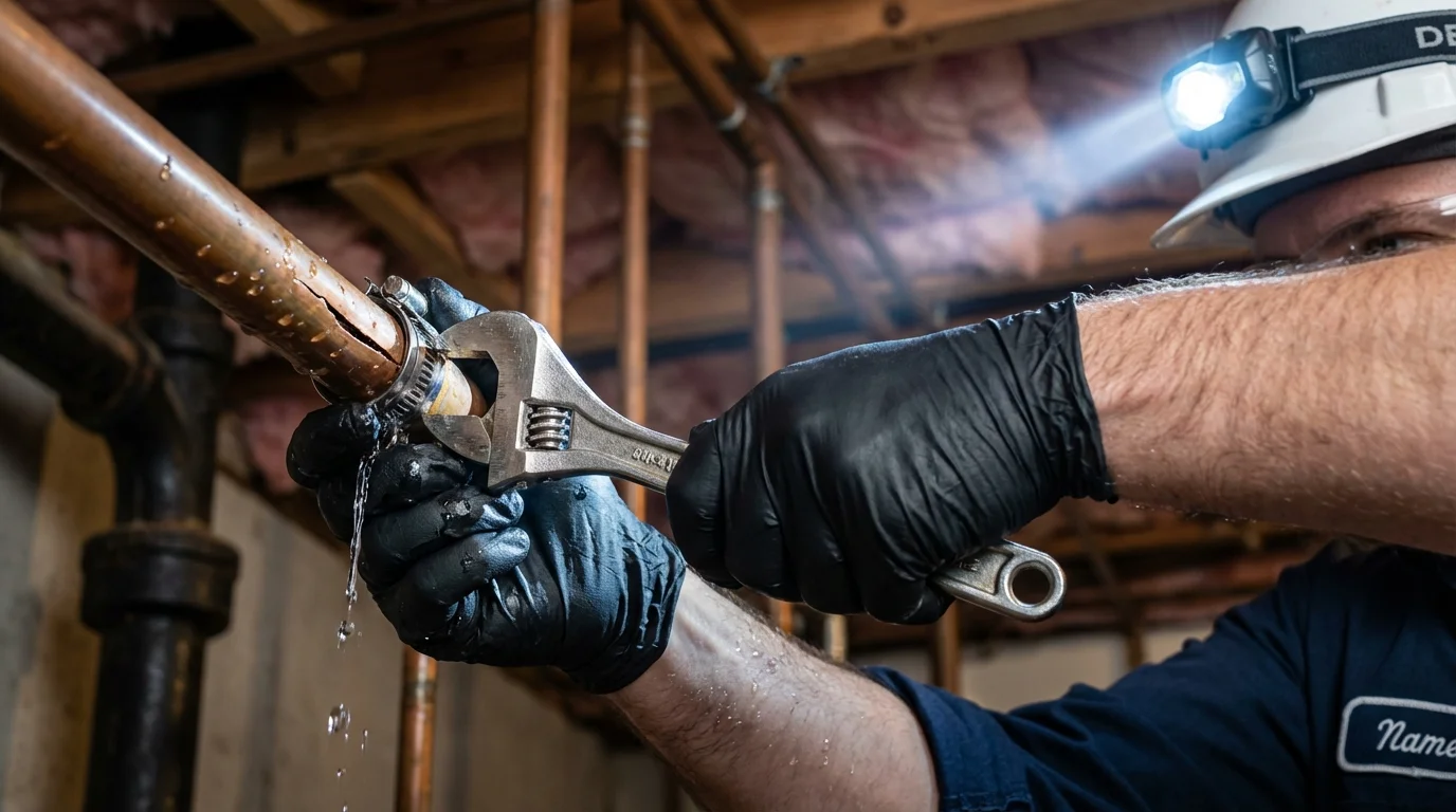 Emergency pipe clamp repair being performed by a Johns Plumbing LLC plumber in Millersville