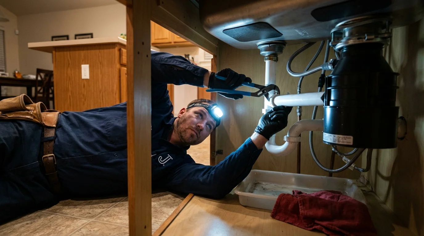 P-trap and supply line connections under a kitchen sink showing a common leak point in Millersville, PA